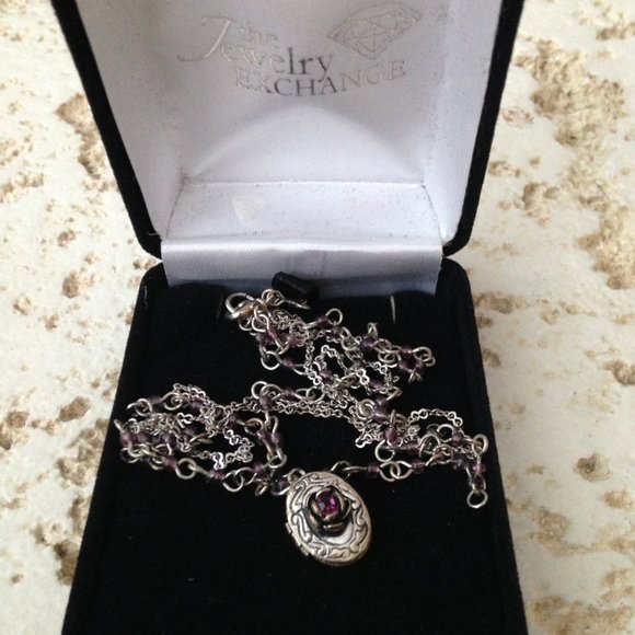 Vintage Purplish Rose Locket, Silver Tone Double Chain - Picture 4 of 16